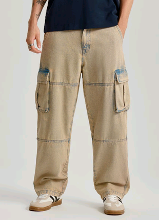 Джинсы house wide leg с накладными карманами 045ce-80j р.l (32-34) грязный сине бежевый