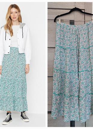 Белая длинная ярусная  юбка в бирюзовый цветочный принт m&s(размер 12)