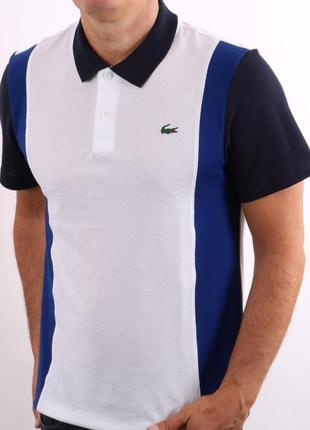 Бавовняна футболка поло з лого ✨ lacoste ✨ біла ультралегка технічна сорочка-поло з кольоровими блоками бавовна з коміром