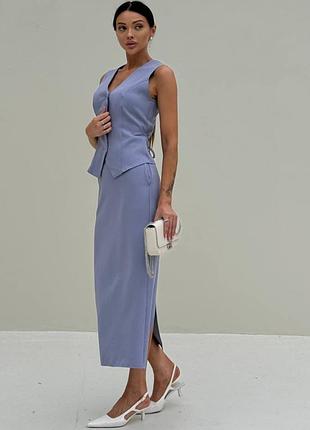 Жіночий костюм двійка зі спідницею олівець міді та класичним жилетом без рукавів комплект чорний синій сірий мокко