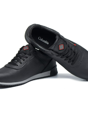 Мужские комфортные кожаные черные кроссовки весна-осень, весенние, осенние, лодочка демисе...