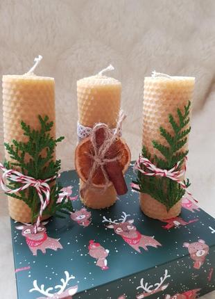 Зимний новогодний набор свечей из вощины из натурального воска лучший подарок3 фото