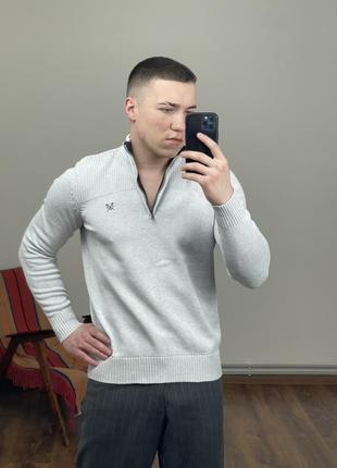 Свет серый джемпер crew clothing co. 1/3 zip с лого, логотип, с воротником, на молнии, замочке, меланж, серебряный, вязаный свитер, пуловер