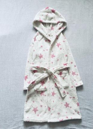 7-8 рок 128 зріст f&f флісовий, махровий, пухнастий білосніжний халат з рожевими зірками. теплі, бан