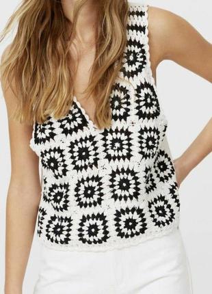 Топ блуза женская stradivarius, вязаный, черно-белый, хлопок, лето, s, новая