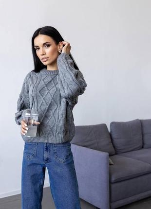 Серый вязаный свитер с шерстью теплый свитер оверсайз
