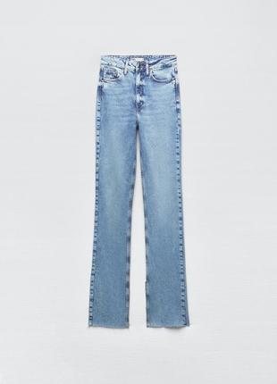 Джинсы zara с разрезами слим на высокой талии прямые голубые