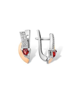🛍 серьги серебро с золотом гранат красный золотая пластина