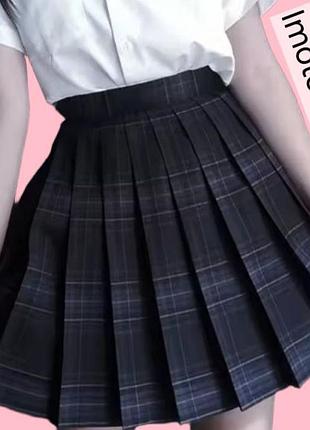 Японская плиссе юбка в клеточку корейская чёрная  серая косплей аниме няша тянка