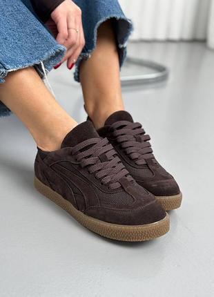 Кеды женские шоколадного цвета замшевые со вставками сетки коричневые