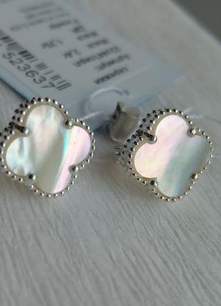 Серебряные сережки английский замок van cleef ван клиф белый перламутр