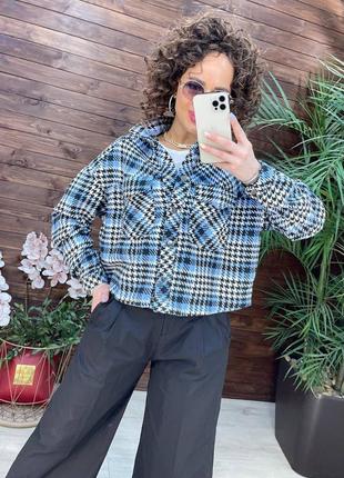 Рубашка-жакет укороченная в клетку женская твидовая гусиная лапка