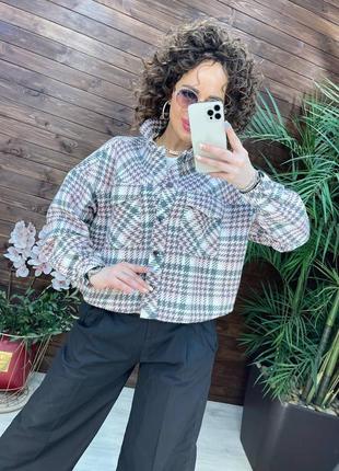 Рубашка-жакет укороченная в клетку женская твидовая гусиная лапка