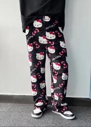 Плюшевые брюки котти, hello kitty пижамные домашние штаны, брюки для девочки мягкие утепленные коти