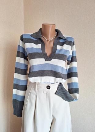 Свитер поло бретонкая с отложным воротником джемпер свитер шерстяной шерсть шерстиной в полоску