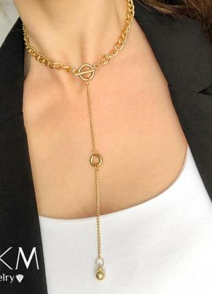 Модное золотое колье-чокер с длинной цепочкой, ожерелье с подвеской в виде маленького шарика, модное колье-чокер с замком