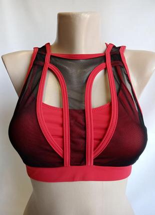Спортивный топ бра с пуш апом сетчатый красный черный сетка