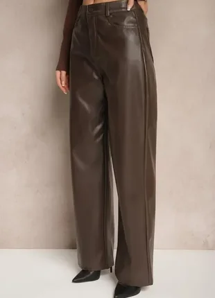 Кожаные коричневые шоколадные женские брюки прямые осенние зимние теплые