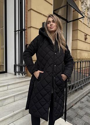 Пальто куртка женское длинное с капюшоном на весну весеннее демисезонное теплое базовое черное коричневое стеганое батал