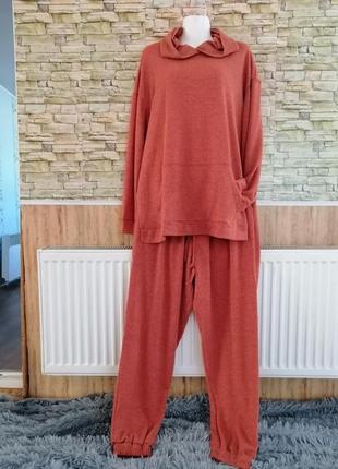Вязаный костюм комбинезон батал брюки jogger и кофта оверсайз с капюшоном