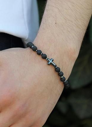 Браслет  лава  гематит крест крестик
