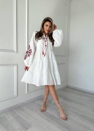 Колоритна сукня міді з вишивкою, українська сукня вишиванка, етно плаття з вишивкою гладдю
