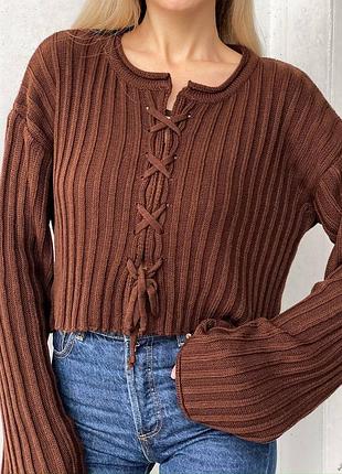 Жіночий в'язаний укорочений короткий кардиган кофта із зав'язками бордовий шоколадний білий
