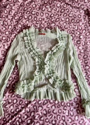 Вінтажна зелена блуза на завʼязках з рюшами