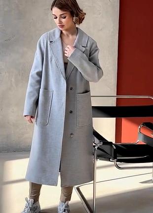 Пальто женское кашемировое шерстяное демисезонное, с поясом, с накладными карманами, серое