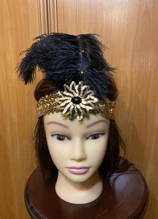 Ретро повязка на голову с перьями черного цвета