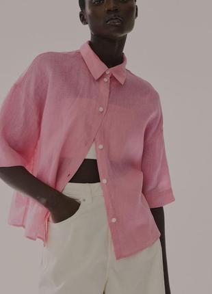 Рубашка оверсайз из льна розового цвета h&m
