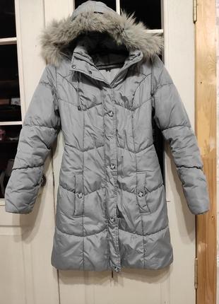 Пуховик пальто зимове сіре 44 розмір жіноче осіннє тепле з капюшоном куртка