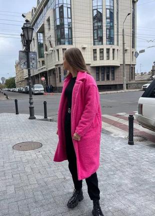 Утепленное розовое женское пальто букле с подкладкой синтепон 100 малиновое пальто + подарок 🎁