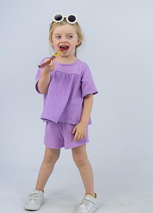 Легкий летний комплект из муслина для девочек , муслиновый костюм шорты и блуза