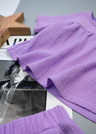 Легкий летний комплект из муслина для девочек , муслиновый костюм шорты и блуза