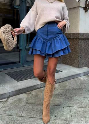 Женская джинсовая короткая юбка с баской, расклешенная