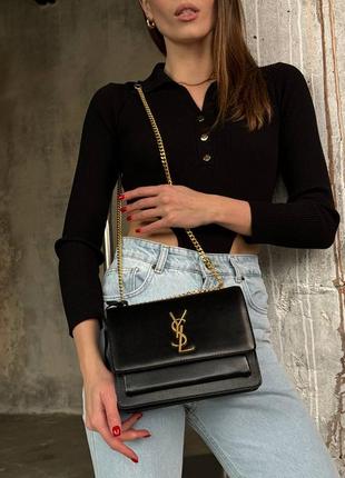 Брендовая натуральная женская сумка из кожи ysl medium sunset черная с золотой цепочкой