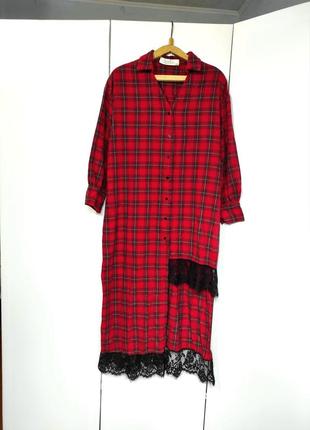 Оригинальное платье-рубашка, с кружевом, асимметричным низом,uk 12
