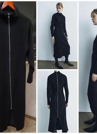 Черное длинное платье zara zw collection с молниями. шерсть и вискоза. new