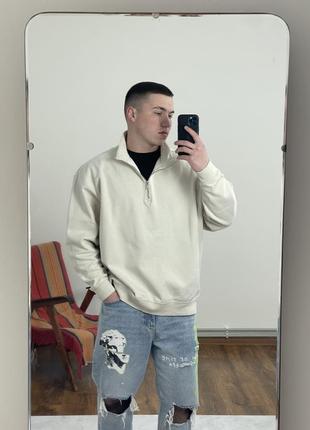 Бежевий трикотажний джемпер weekday 1/3 zip, базовий, однотонний, кофта на замку, толстовка з коміром