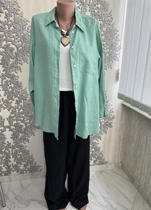 Мятная  блуза лен большая лляна льняная рубашка трендовая лен модная стильная супер