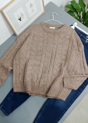 Коричневый теплый зимний вязаный свитер в косы большого размера батал с шерстью свободный оверсайз сток бренд брития