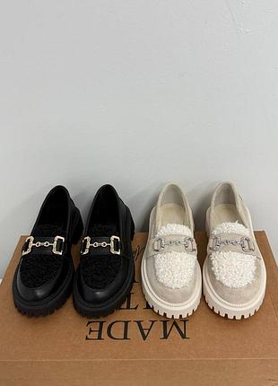 Лоферы с мехом тедди черные бежевые кожаные замшевые 11913 11914