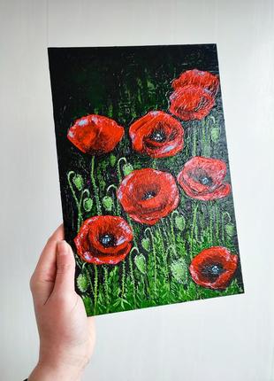 Картина красные маки акрилом, оригинальная живопись 30*20 см