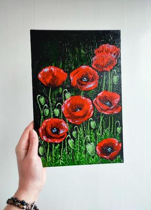Картина красные маки акрилом, оригинальная живопись 30*20 см