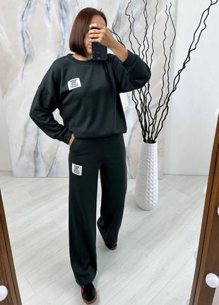 Костюм двойка женский свитшот и брюки трикотаж рубчик на флисе графит мягко бордо 42-58