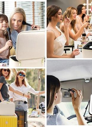 Портативная косметичка органайзер дорожный бьюти кейс с ручкой для зеркалом и led-подсветкой