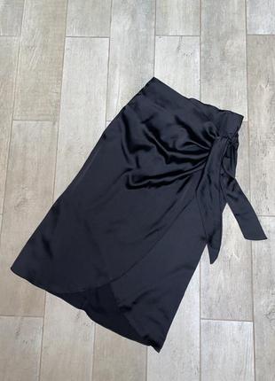 Черная шелковая миди юбка ,юбка на запах,сатиновая юбка(010)1 фото