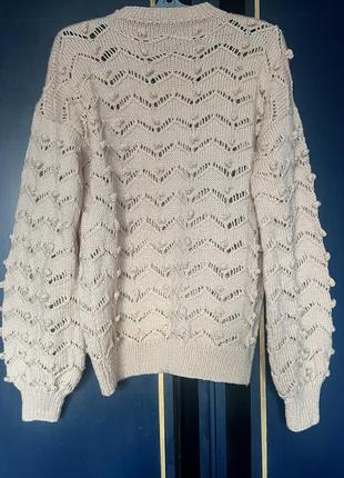 Свитер шерстяной вязаный свитер ручная работа хенд мейд светло молочного цвета