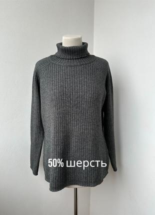 Базовий темно сірий шерстяний светр у рубчик із горловиною